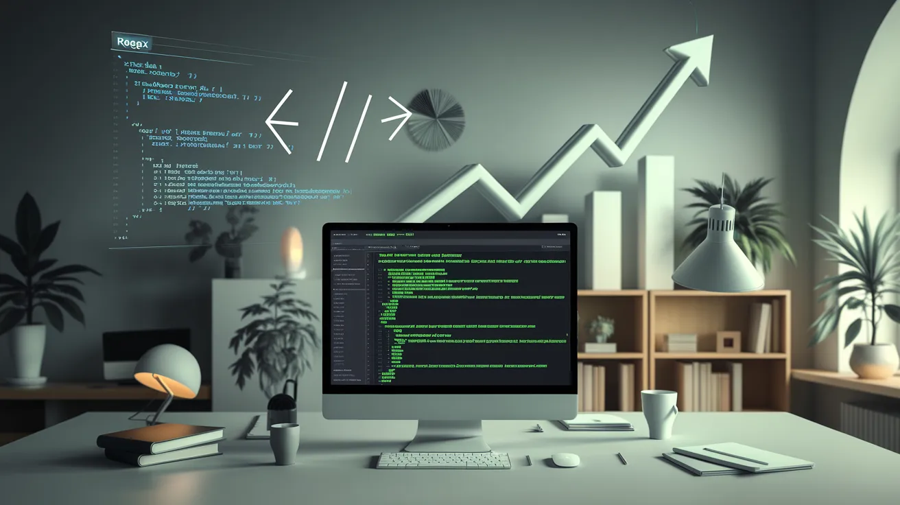 Illustration moderne d'une analyse SEO avec regex : écran de logs, flèches de redirection et graphique d'amélioration du référencement, dans un style technologique bleu et vert.