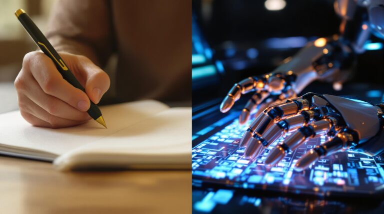 Humain écrit vs robot tape sur clavier