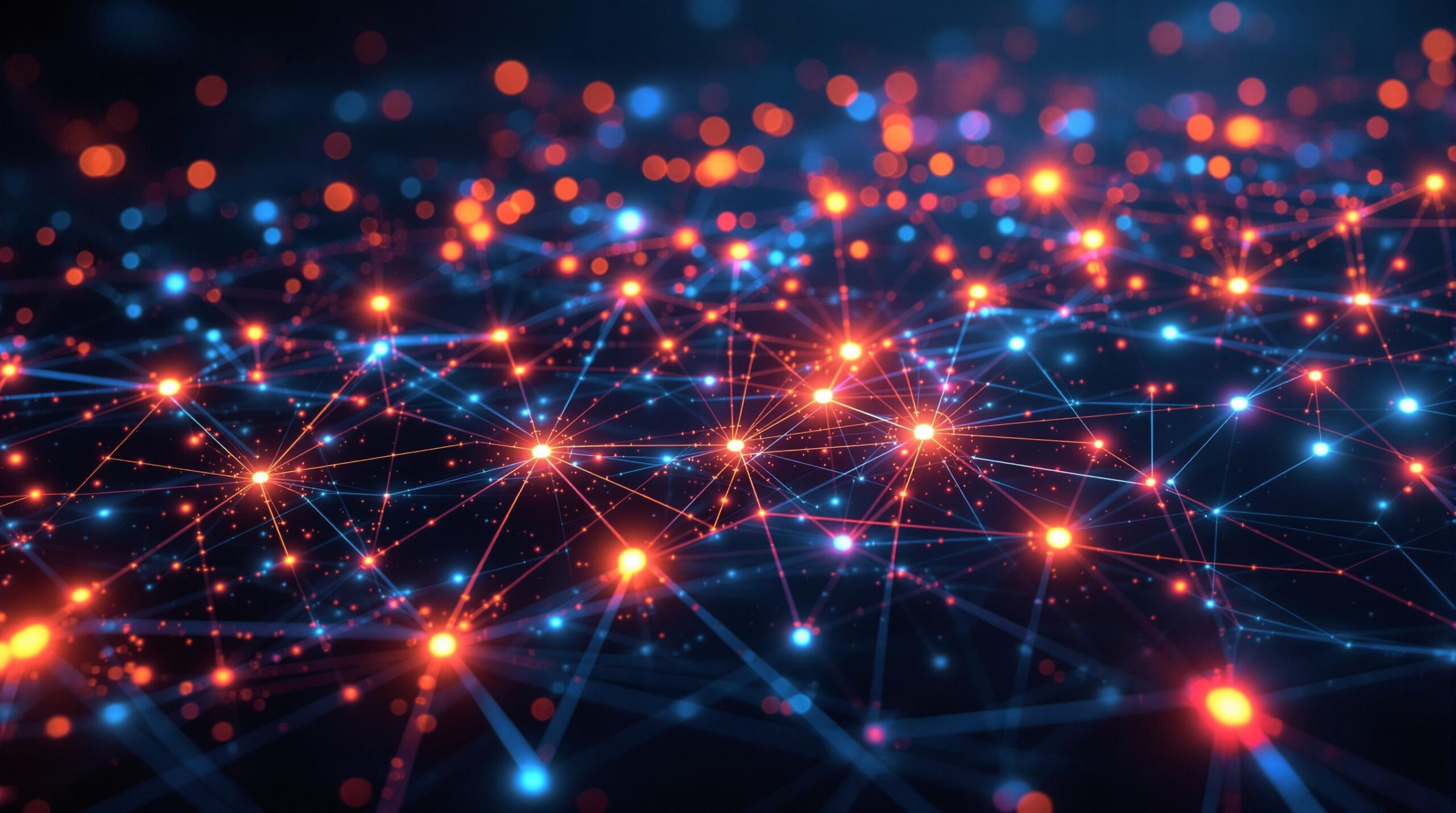 Réseau de connexions numériques avec points lumineux bleus et rouges