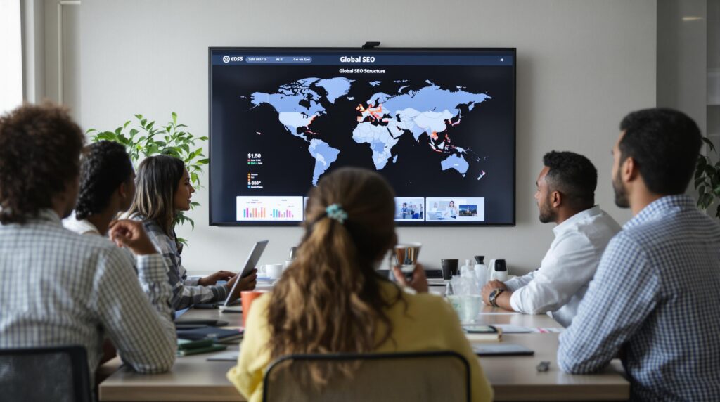 Team meeting reviewing global SEO data on a screen.