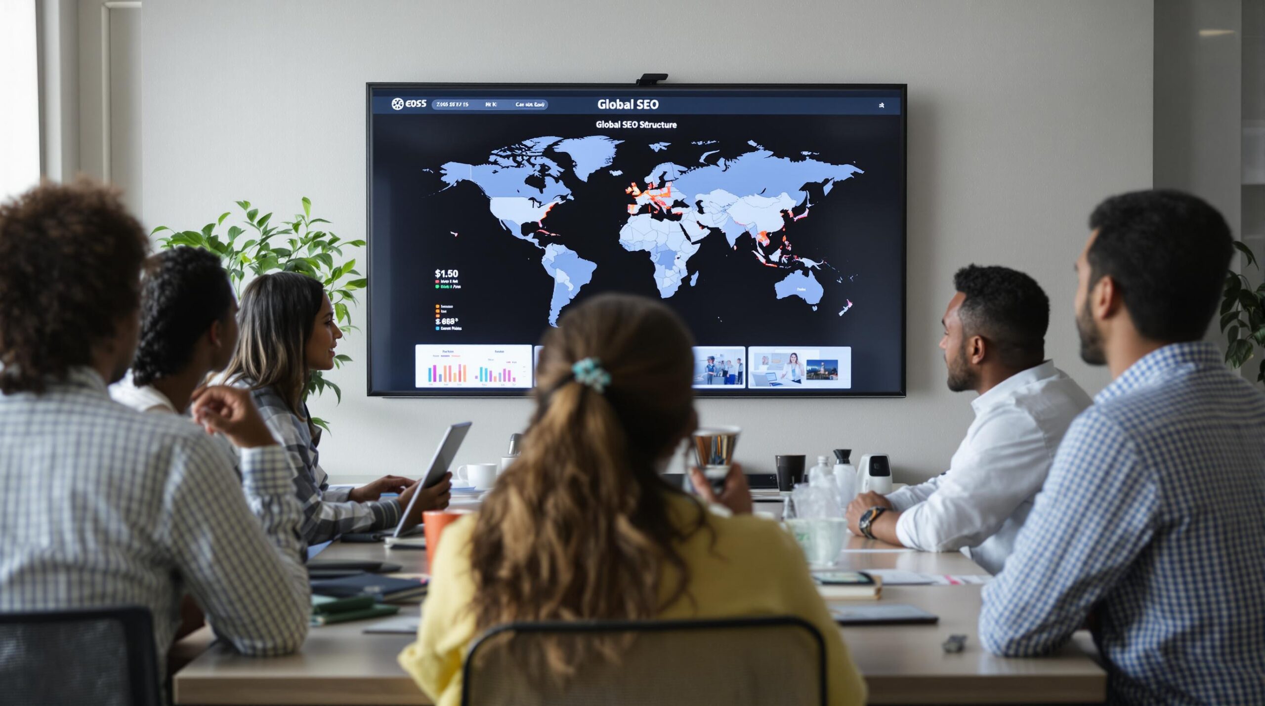 Team meeting reviewing global SEO data on a screen.