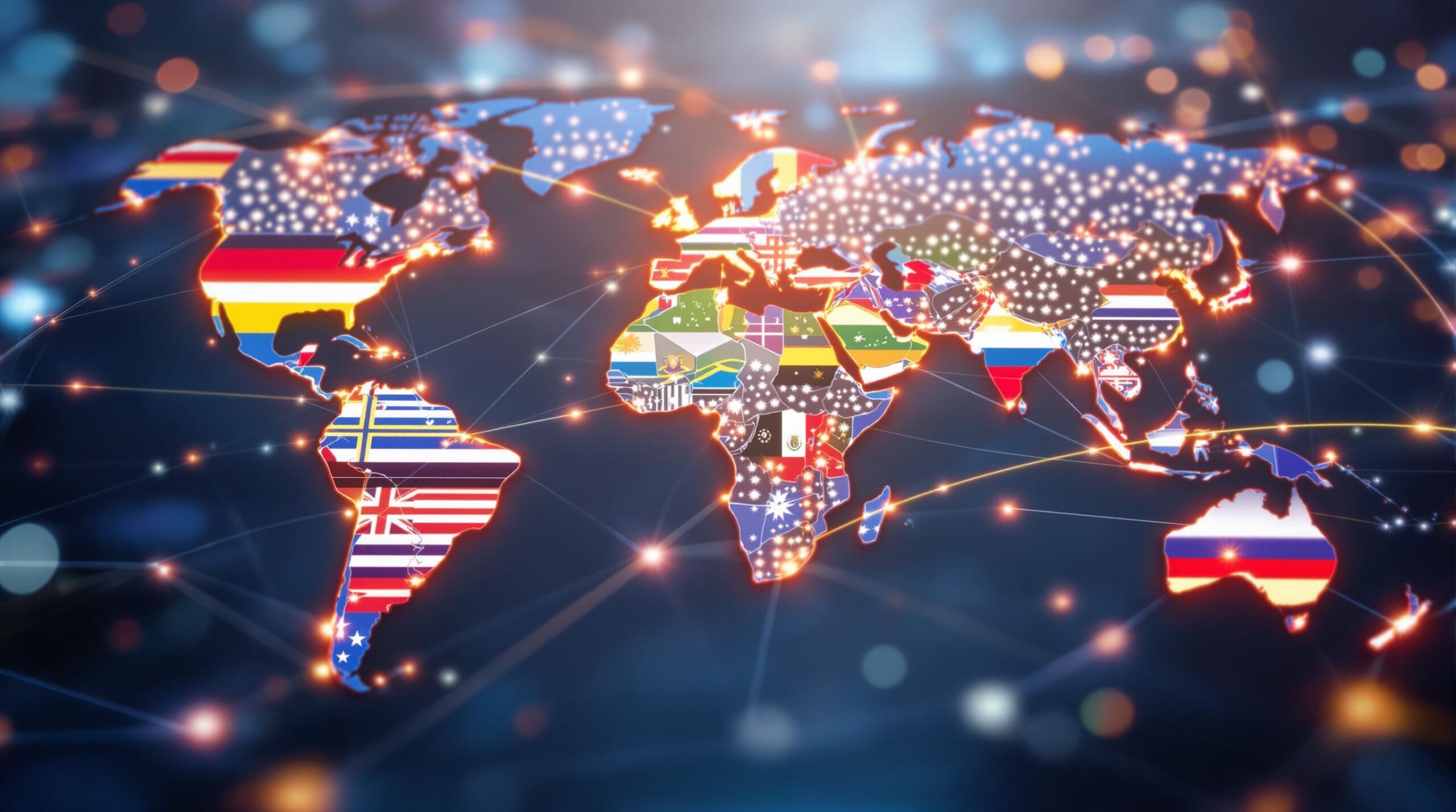 World map with country flags and connecting lights.