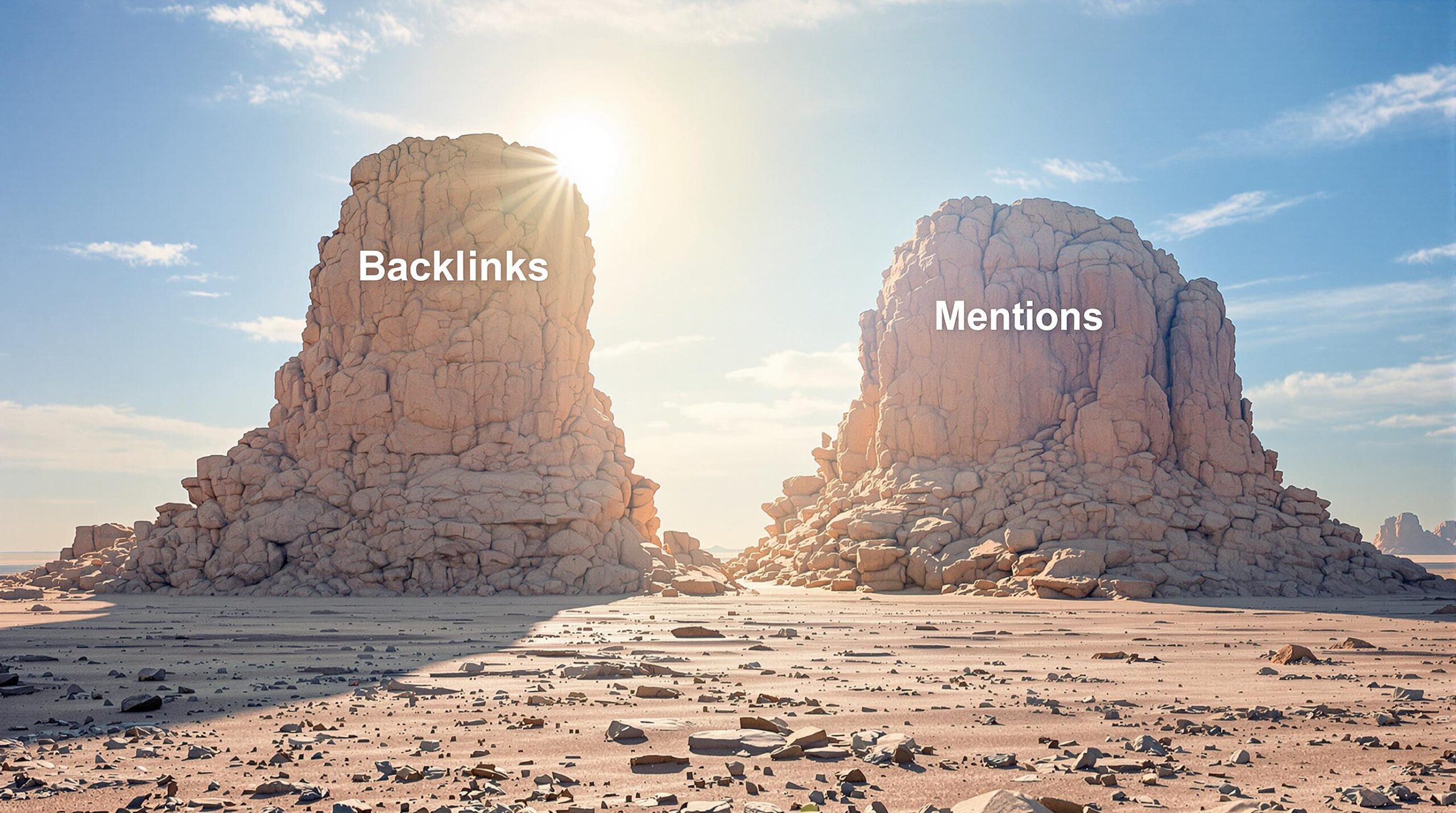Backlinks and Mentions represented by rock formations in a desert landscape.