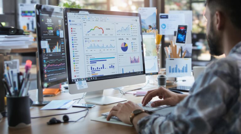 Person analyzing data on multiple computer screens.