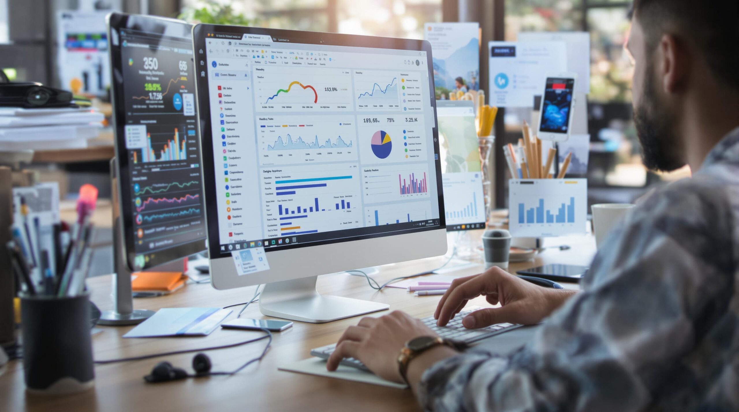 Person analyzing data on multiple computer screens.