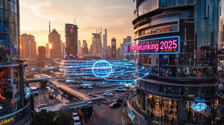 Futuristic cityscape with 'netlinking 2025' sign.