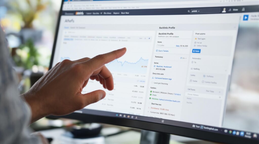 Ahrefs analytics dashboard with hand pointing at a graph.